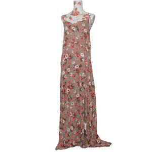 NWT Lulus XL Maxi Dress Spaghetti Strap Long Leg Slit Red Roses Light Brown Sexy
